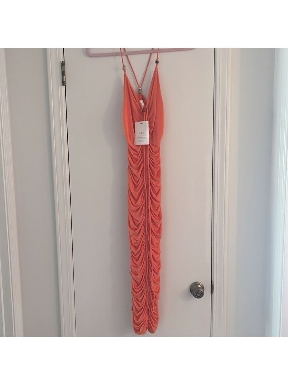 A.L.C. Allegra Ruched Embellished Halter Bodycon Sangria Orange Midi Dress Small - Picture 8 of 16